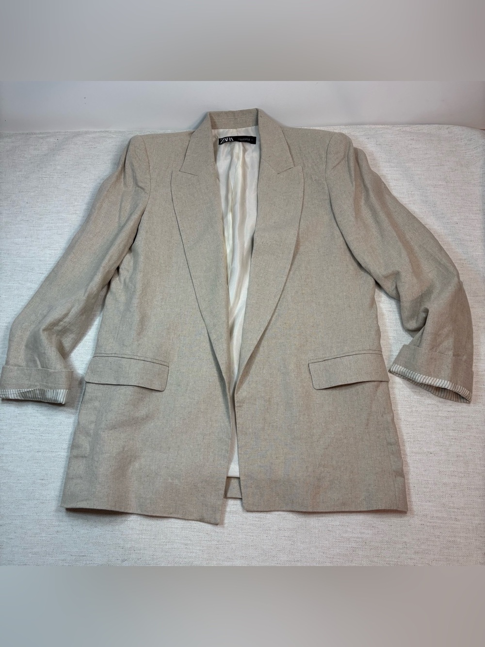 Zara women’s M linen blend blazer in beige relaxed fit open front light weight
